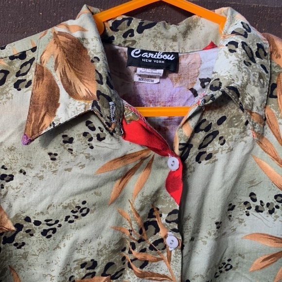 90s Vintage Leopard Tropical Floral Button Up Sleeveless Top Size Medium/Large - Picture 5 of 15